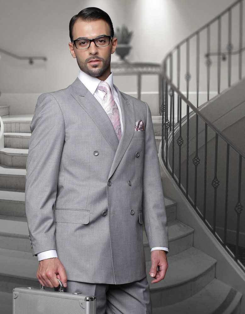 TZD-100 GRAY CLASSIC DOUBLE BREASTED SOLID COLOR MENS SUIT BY STATEMENT. SUPER 150'S EXTRA FINE ITALIAN WOOL HAND MADE  