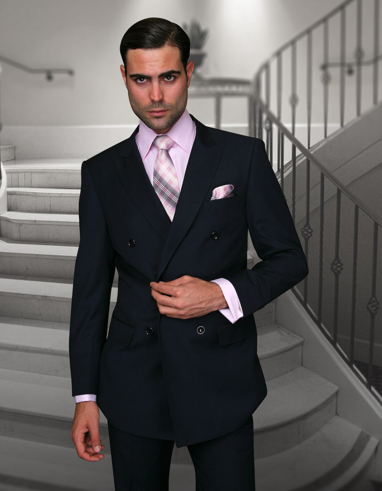 TZD-100 CLASSIC DOUBLE BREASTED SOLID COLOR NAVY MENS SUIT BY: STATEMENT. SUPER 150'S EXTRA FINE ITALIAN WOOL HAND MADE 