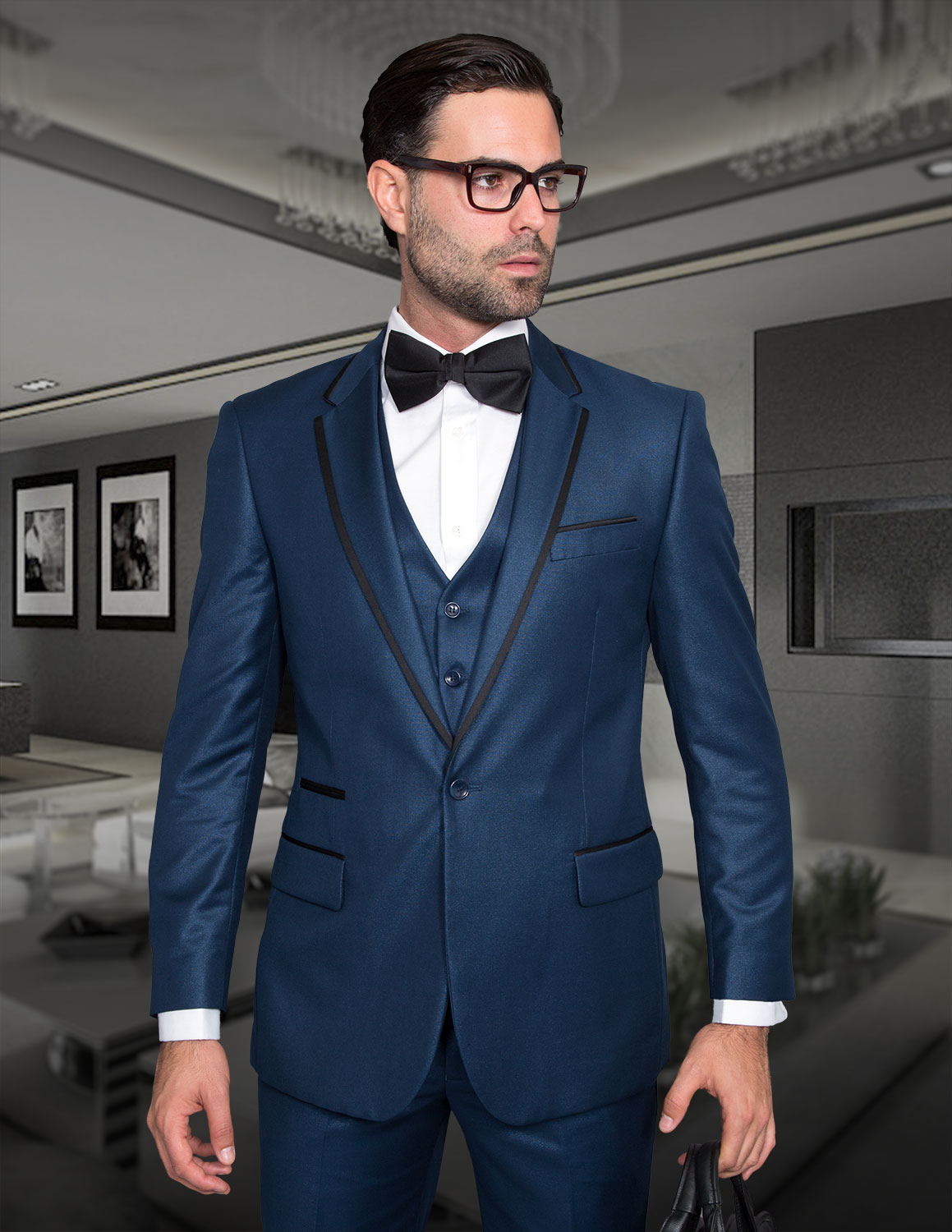 VENETIAN INDIGO CLASSIC 3PC 1 BUTTON MENS SUIT WITH TRIM ON THE COLLAR SUPER 150'S EXTRA FINE ITALIAN FABRIC