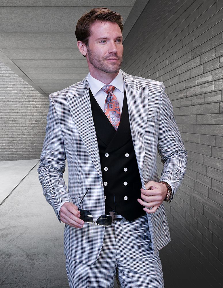 3PC PLAID SUIT WITH SOLID COLOR CONTRAST DOUBLE BREASTED VEST. SUPER 150'S ITALIAN WOOL FABRIC. MODERN FIT FLAT FRONT PANTS