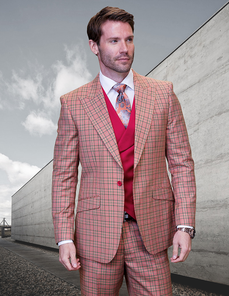 3PC PLAID SUIT WITH SOLID COLOR CONTRAST DOUBLE BREASTED VEST. SUPER 150'S ITALIAN WOOL FABRIC. MODERN FIT FLAT FRONT PANTS 