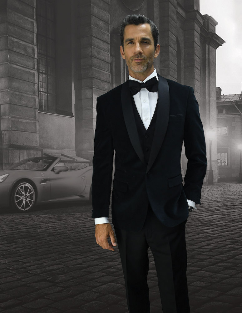 STATEMENT VL-100 VELVET BLACK 2PC TAILORED FIT TUXEDO SUIT WITH FLAT FRONT PANTS INCLUDING MATCHING BOWTIE