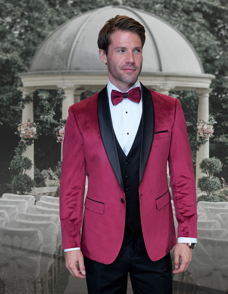STATEMENT VL-100 VELVET BURGUNDY 2PC TAILORED FIT TUXEDO SUIT WITH FLAT FRONT PANTS INCLUDING MATCHING BOWTIE 