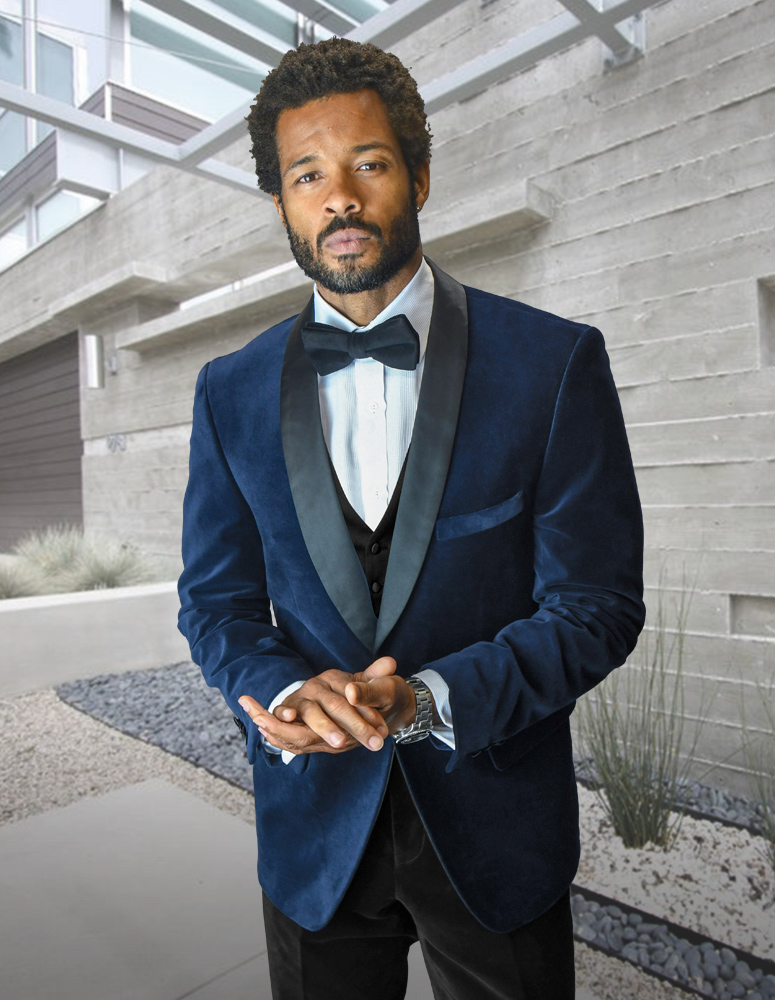 STATEMENT VL-100 NAVY 2PC TAILORED FIT TUXEDO VELVET SUIT WITH FLAT FRONT PANTS INCLUDING MATCHING BOWTIE 