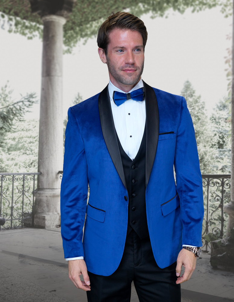 STATEMENT VL-100 ROYAL 2PC TAILORED FIT TUXEDO VELVET SUIT WITH FLAT FRONT PANTS INCLUDING MATCHING BOWTIE 
