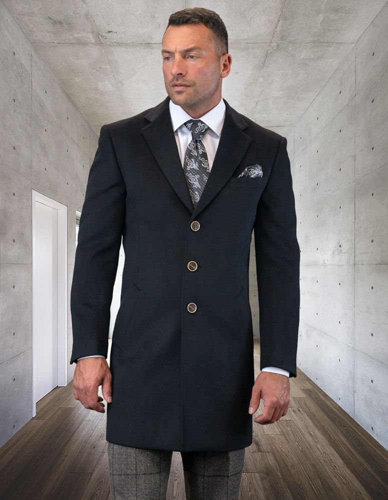 STATEMENT SINGLE BREASTED BLACK OVER COAT 100% WOOL AND CASHMERE 