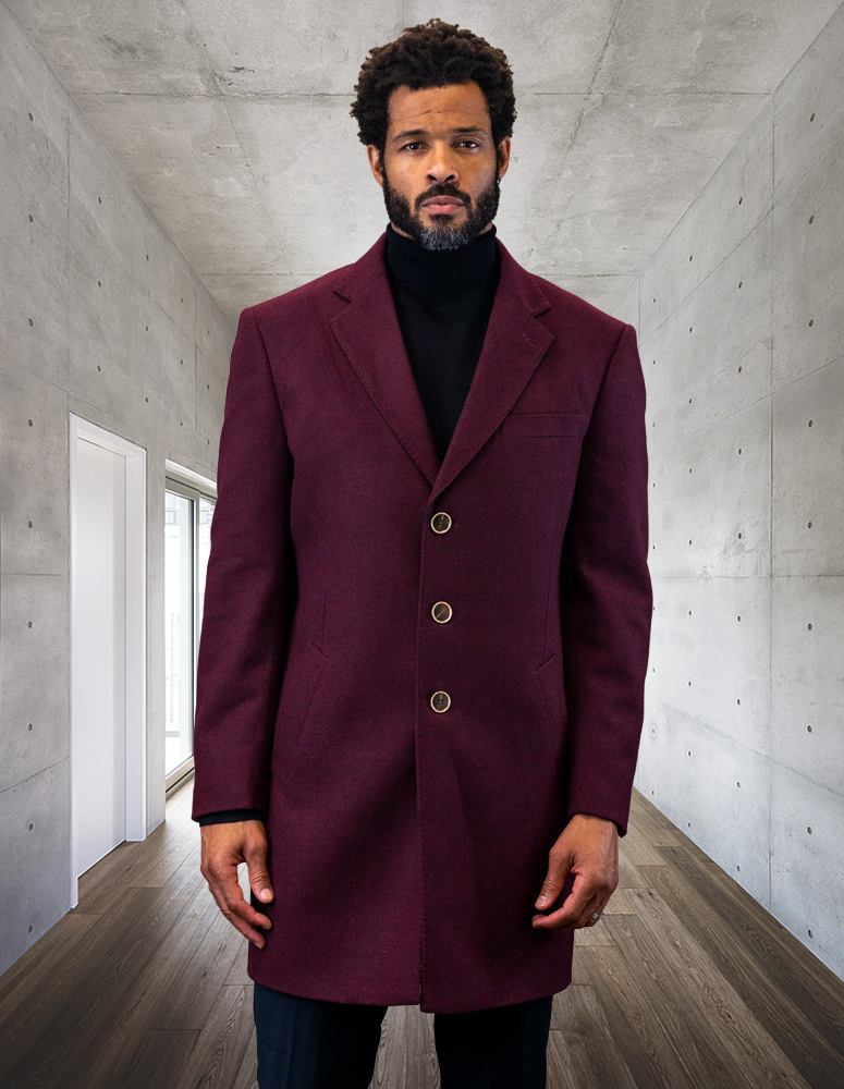 STATEMENT SINGLE BREASTED BURGUNDY OVER COAT 100% WOOL AND CASHMERE 