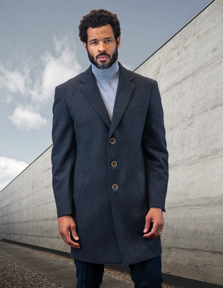 STATEMENT SINGLE BREASTED CHARCOAL OVER COAT 100% WOOL AND CASHMERE  