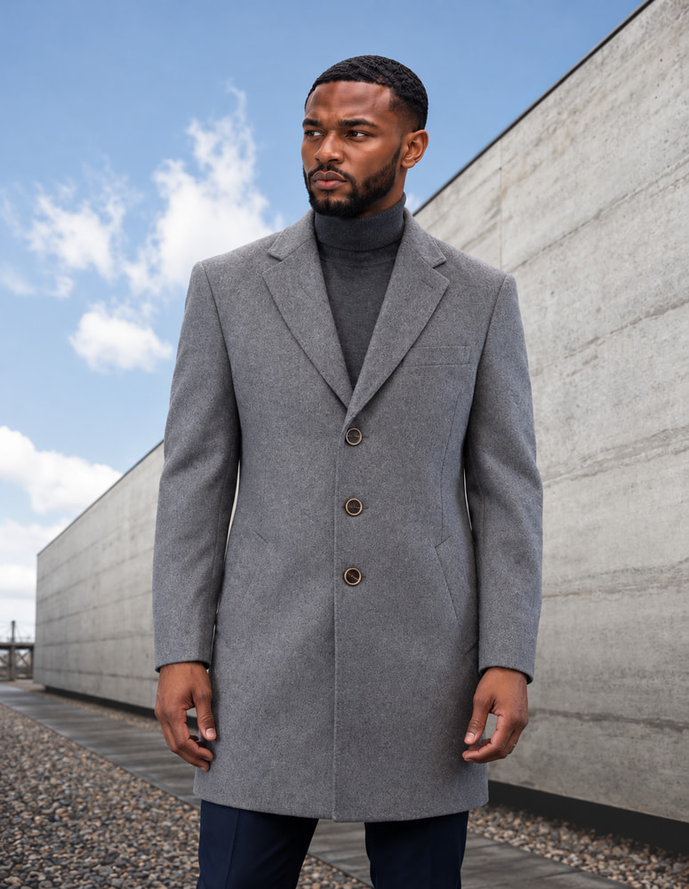 STATEMENT SINGLE BREASTED GRAY OVER COAT 100% WOOL AND CASHMERE   