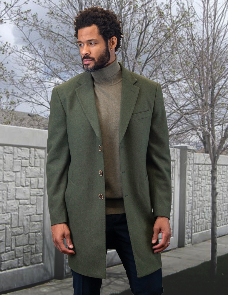 STATEMENT SINGLE BREASTED OLIVE OVER COAT 100% WOOL AND CASHMERE  