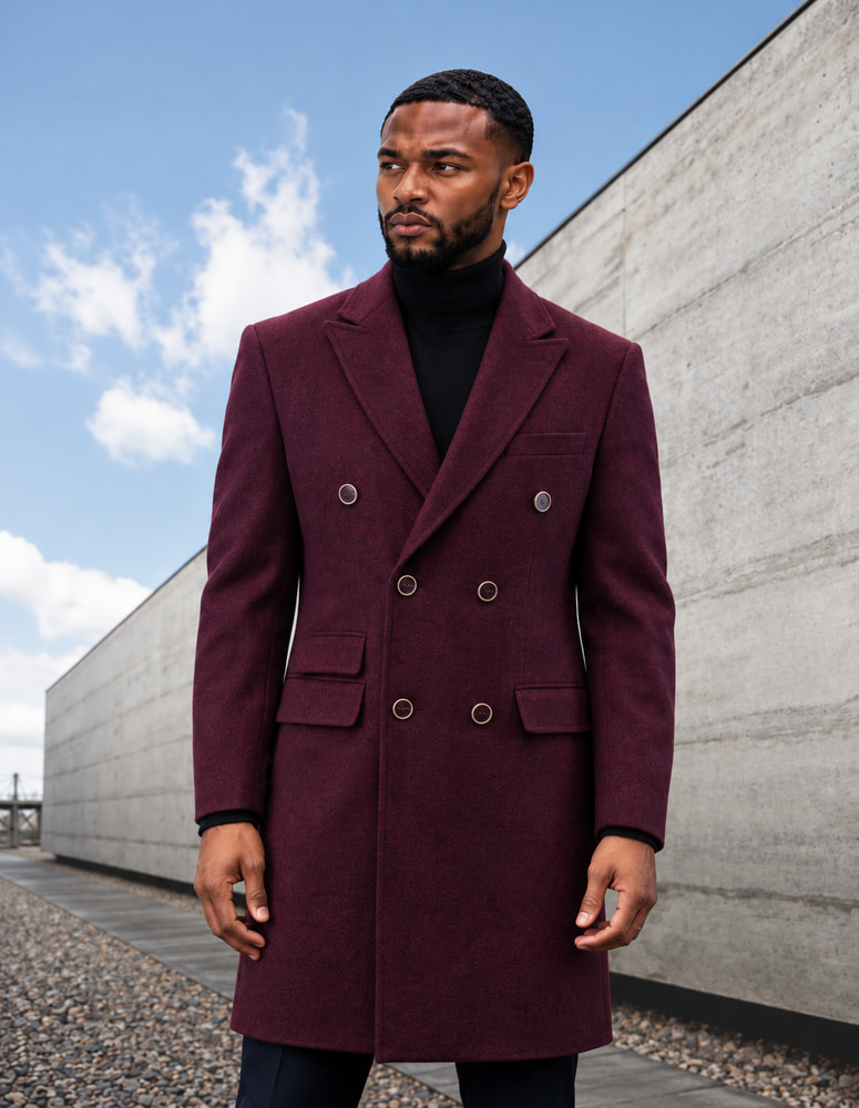 STATEMENT DOUBLE BREATED BURGUNDY OVER COAT 100% WOOL AND CASHMERE