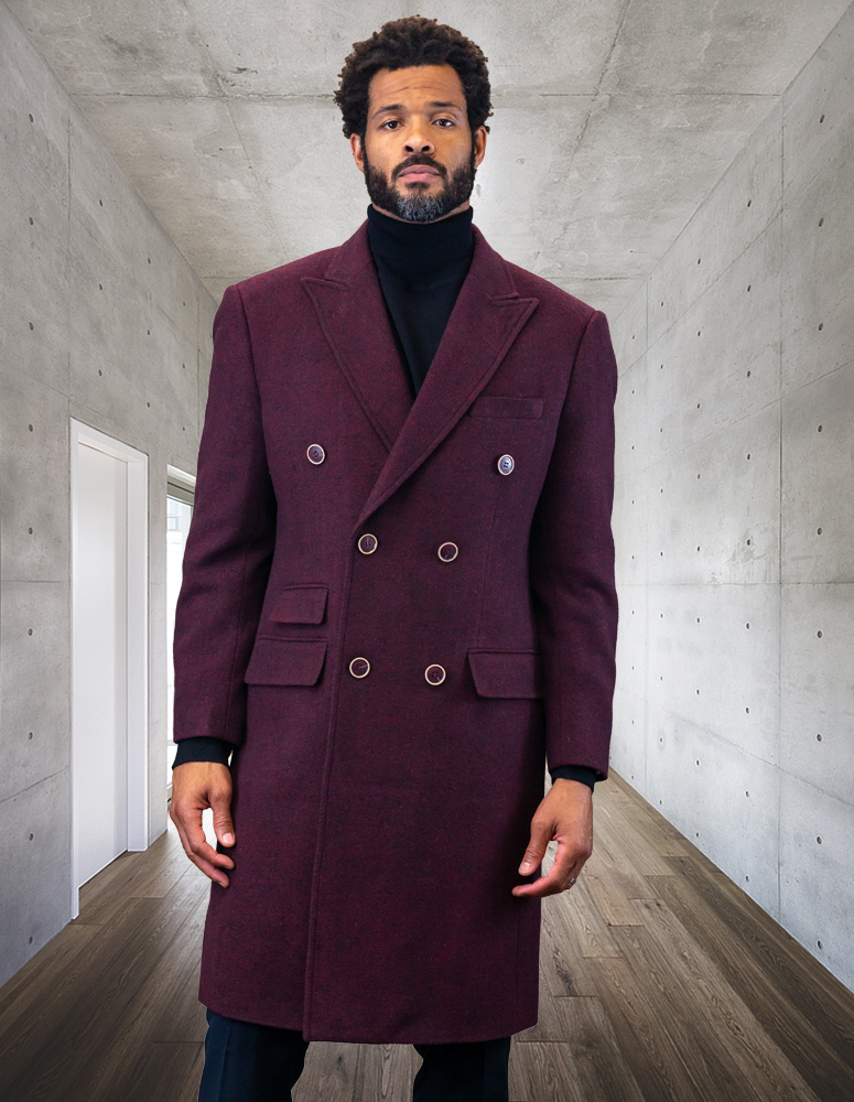 STATEMENT DOUBLE BREATED BURGUNDY OVER COAT 100% WOOL AND CASHMERE