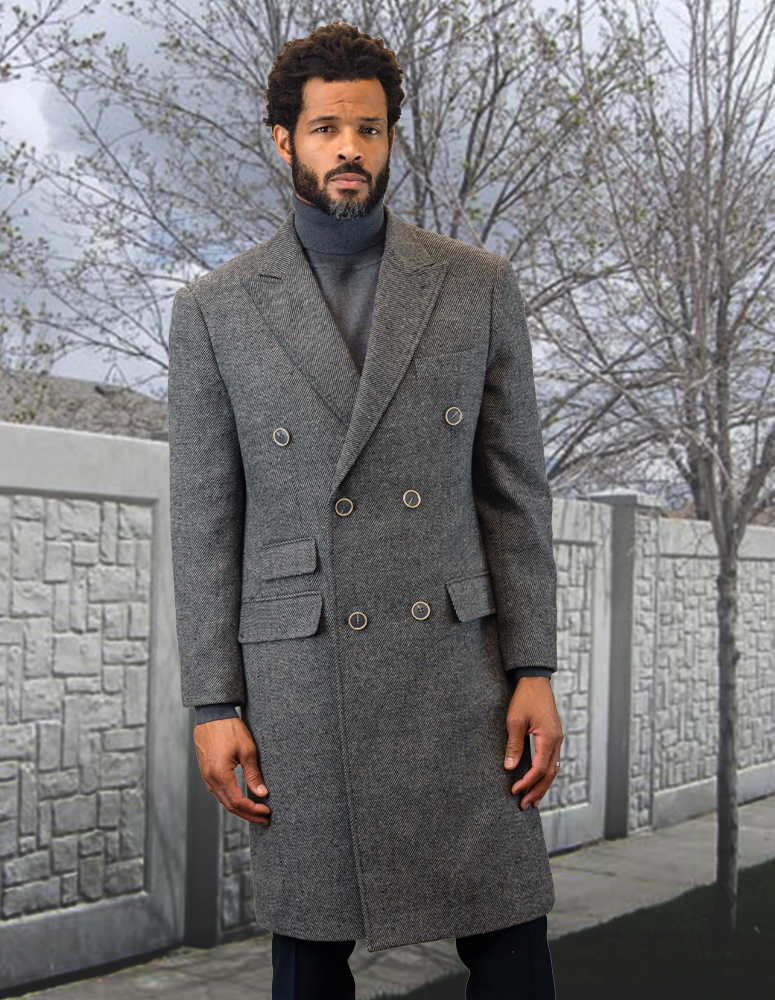 STATEMENT DOUBLE BREATED GRAY OVER COAT 100% WOOL AND CASHMERE 