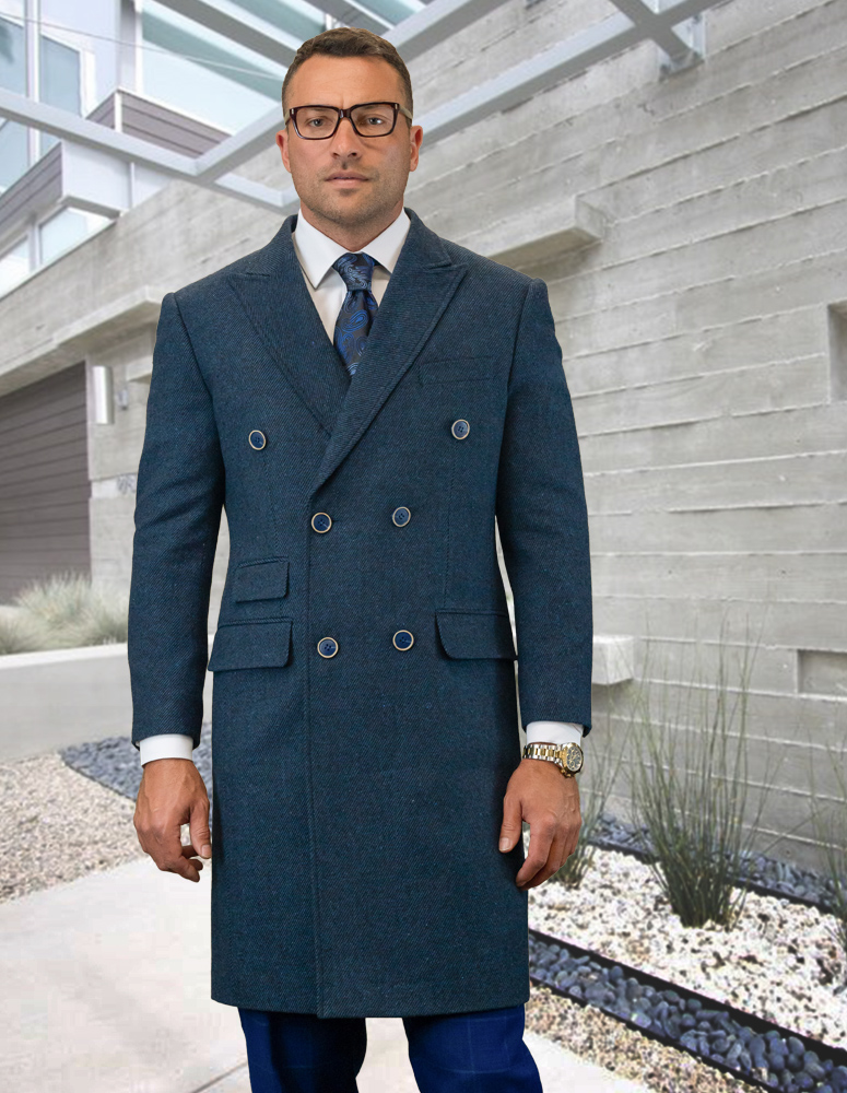 STATEMENT DOUBLE BREATED INDIGO OVER COAT 100% WOOL AND CASHMERE 