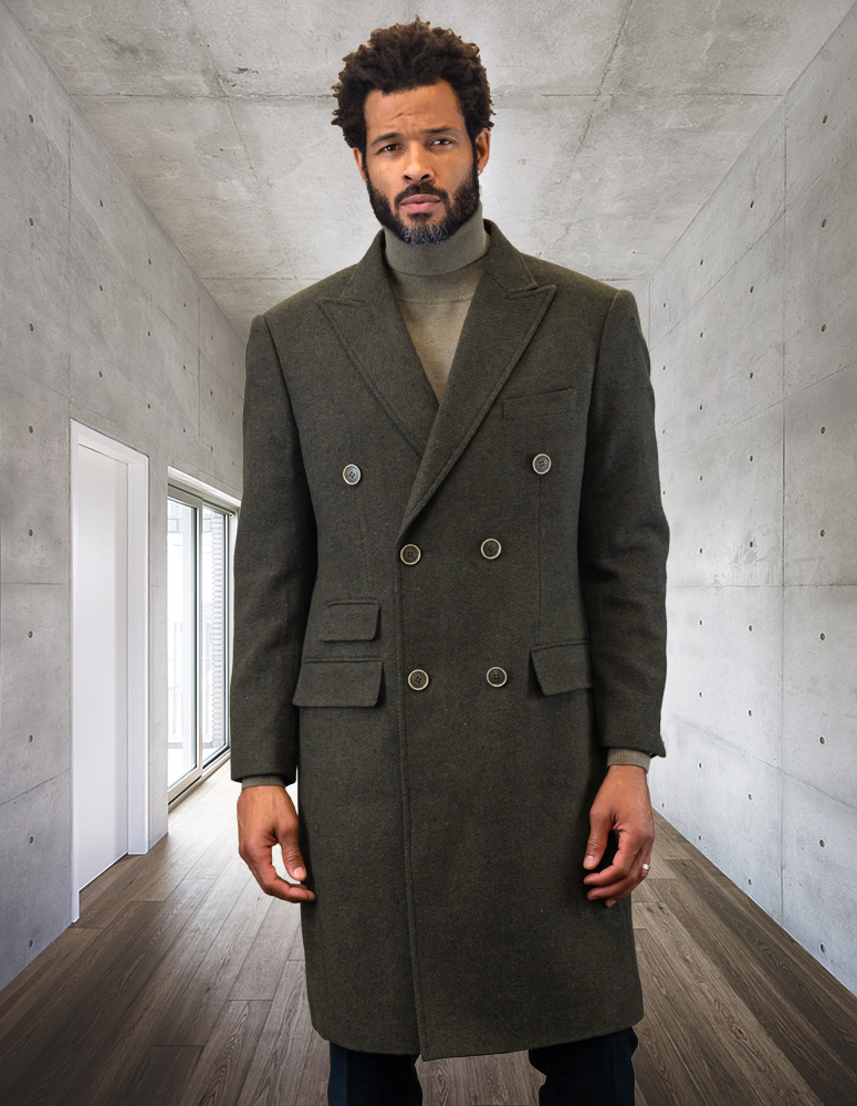 STATEMENT DOUBLE BREATED OLIVE OVER COAT 100% WOOL AND CASHMERE 