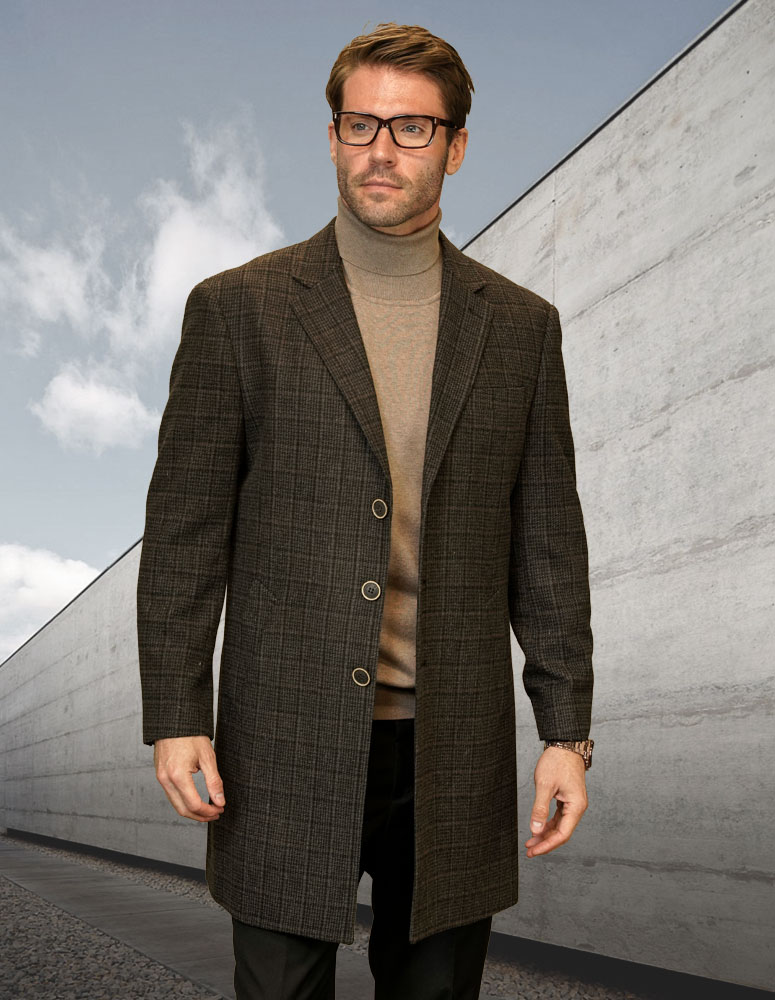 SINGLE BREASTED  3 BUTTON BROWN PLAID JACKET WOOL AND CASHMERE LONG COAT 