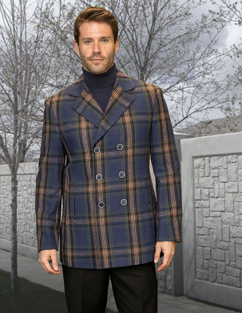DOUBLE BREASTED PEACOAT BLUE PLAID JACKET WOOL AND CASHMERE 