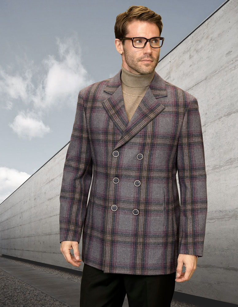 DOUBLE BREASTED PEACOAT GRAY PLAID JACKET WOOL AND CASHMERE 