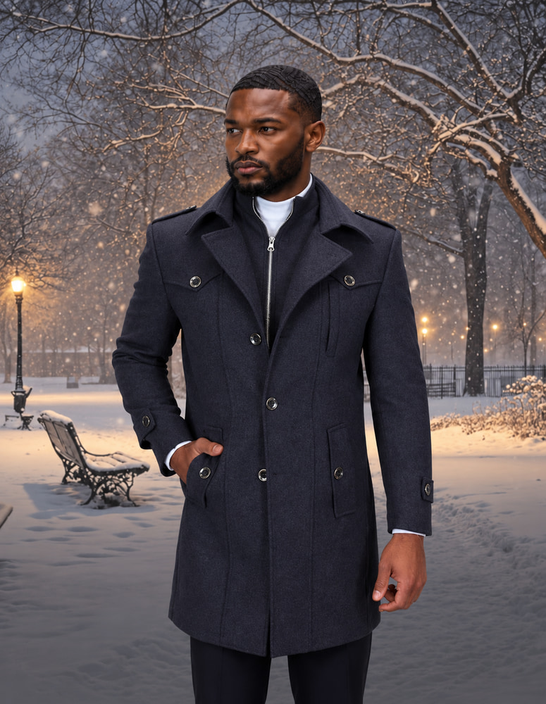 CHARCOAL 3 BUTTON SINGLE JACKET OVER COAT. WOOL AND CASHMERE