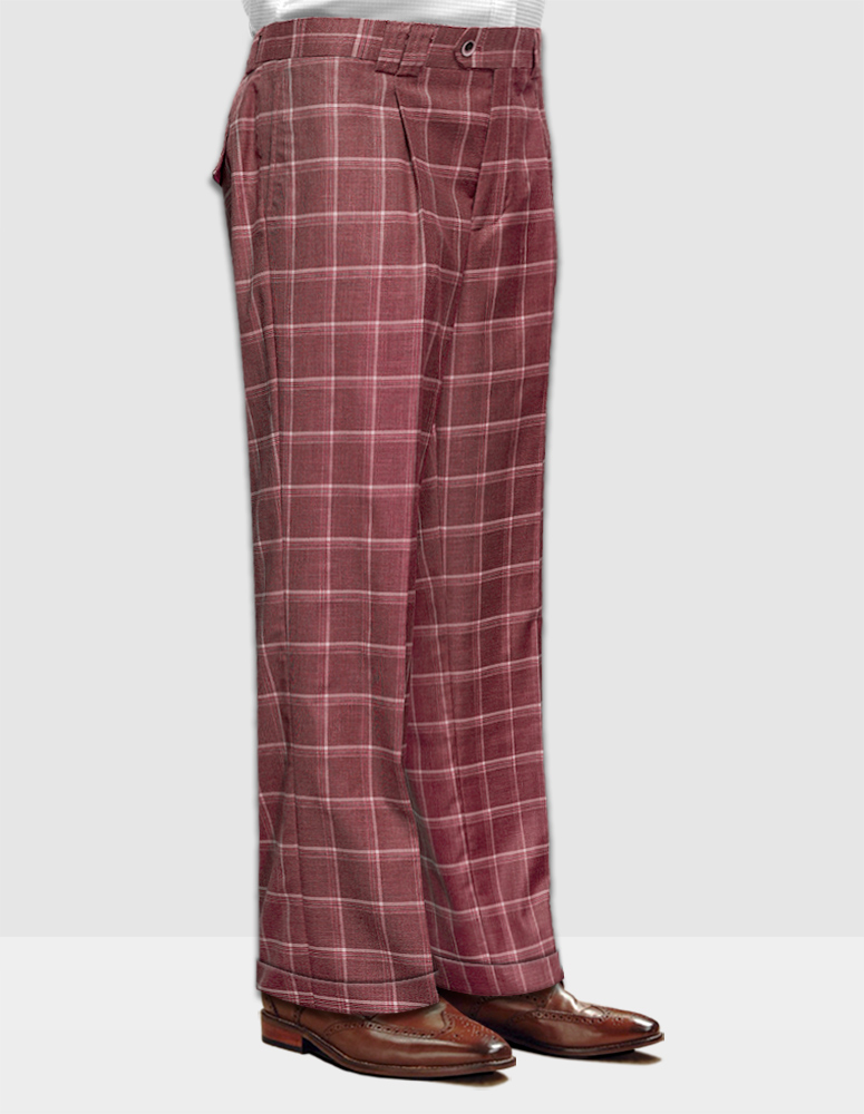 BRICK PLAID WIDE LEG DRESS PANTS REGULAR FIT SUPER 150'S ITALIAN WOOL FABRIC  