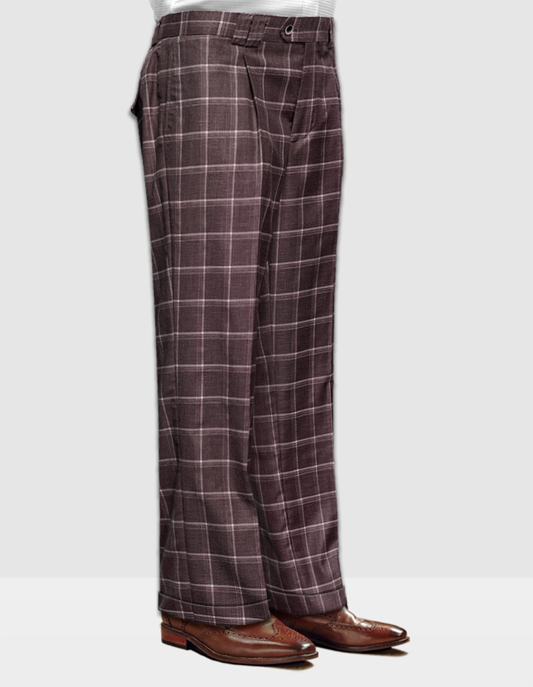 BROWN PLAID WIDE LEG DRESS PANTS REGULAR FIT SUPER 150'S ITALIAN WOOL FABRIC   