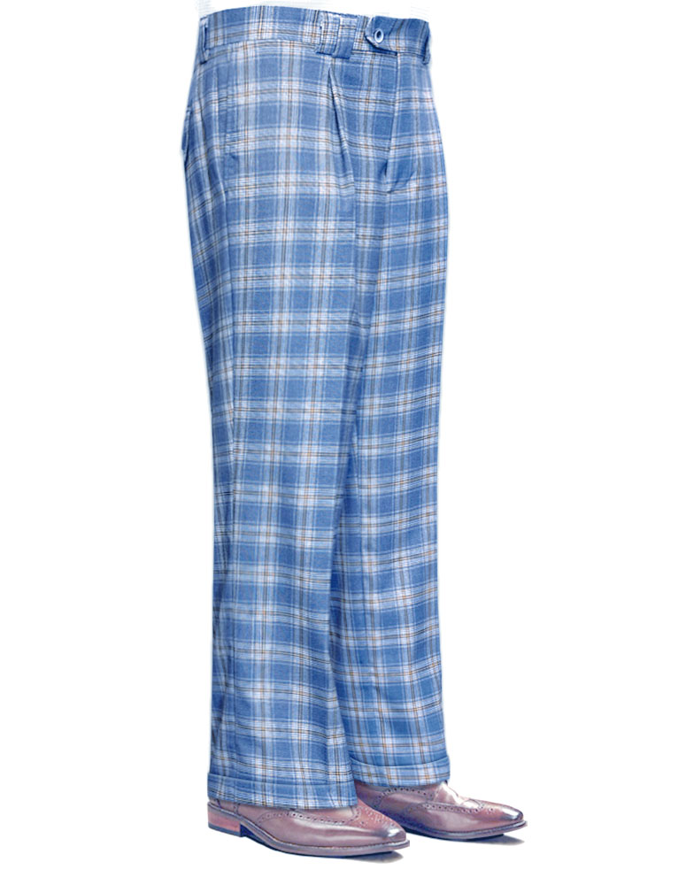 BLUE PLAID WIDE LEG DRESS PANTS REGULAR FIT SUPER 150'S ITALIAN WOOL FABRIC   