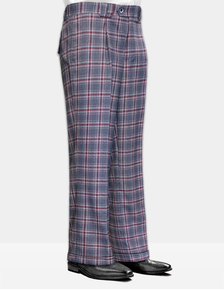 CHARCOAL PLAID WITH RED WIDE LEG DRESS PANTS REGULAR FIT SUPER 150'S ITALIAN WOOL FABRIC 