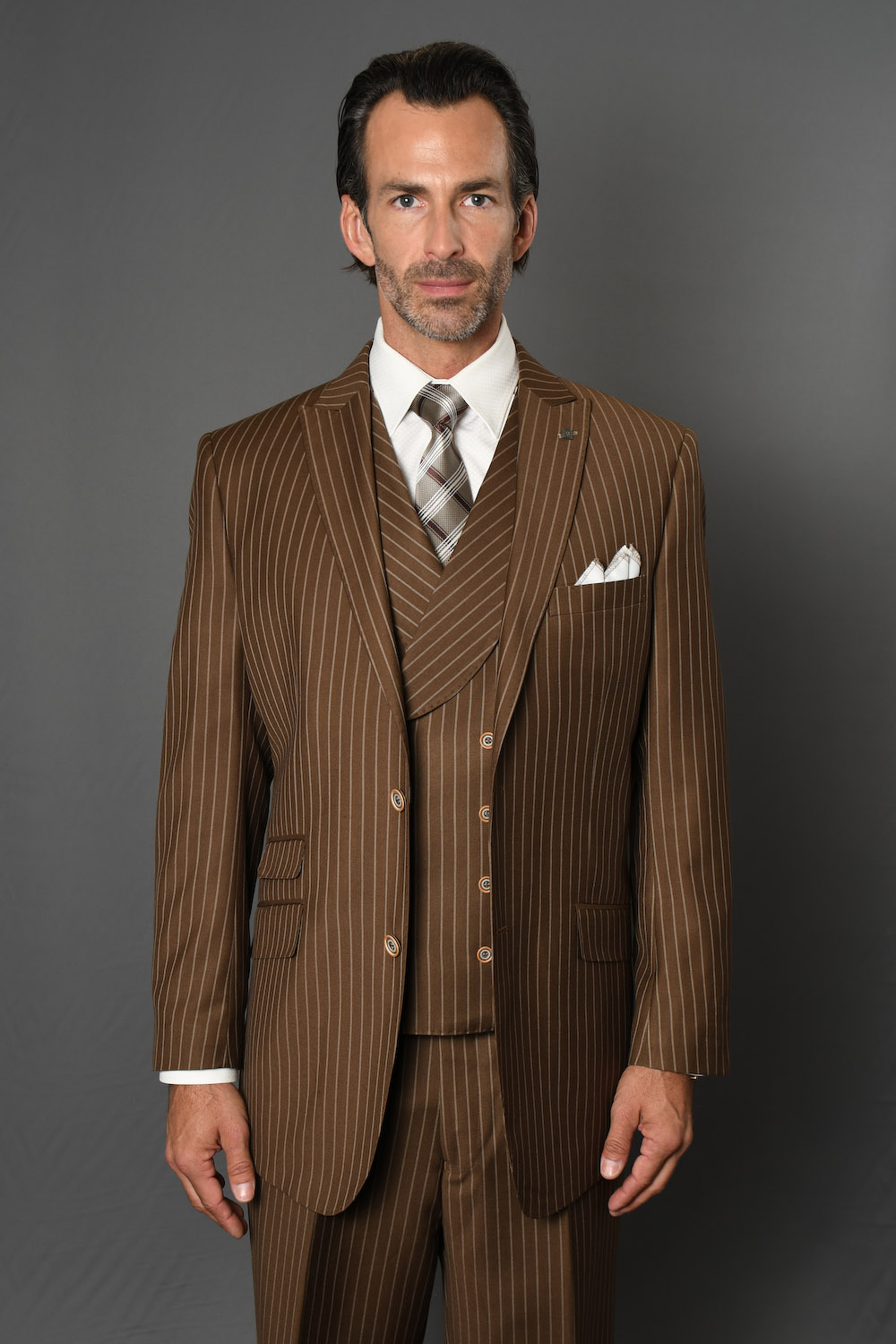 ZARELLI  BRONZE 3PC 2 BUTTON PINSTRIPE, DOUBLE BREASTED VEST, PLEATED PANTS SUPER 150'S WOOL SUIT EXTRA FINE ITALIAN MADE  