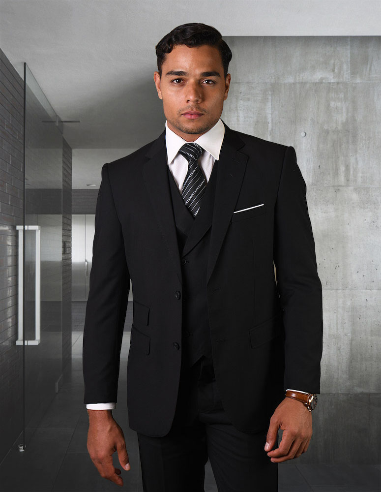 STATEMENT BLACK 3PC 2 BUTTON SOLID COLOR MENS SUIT WITH DOUBLE BREASTED VEST SUPER 180'S EXTRA FINE ITALIAN WOOL 