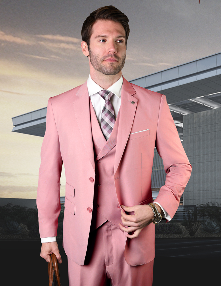 STATEMENT BLUSH 3PC 2 BUTTON SOLID COLOR  MENS SUIT WITH DOUBLE BREASTED VEST SUPER 180'S EXTRA FINE ITALIAN WOOL  
