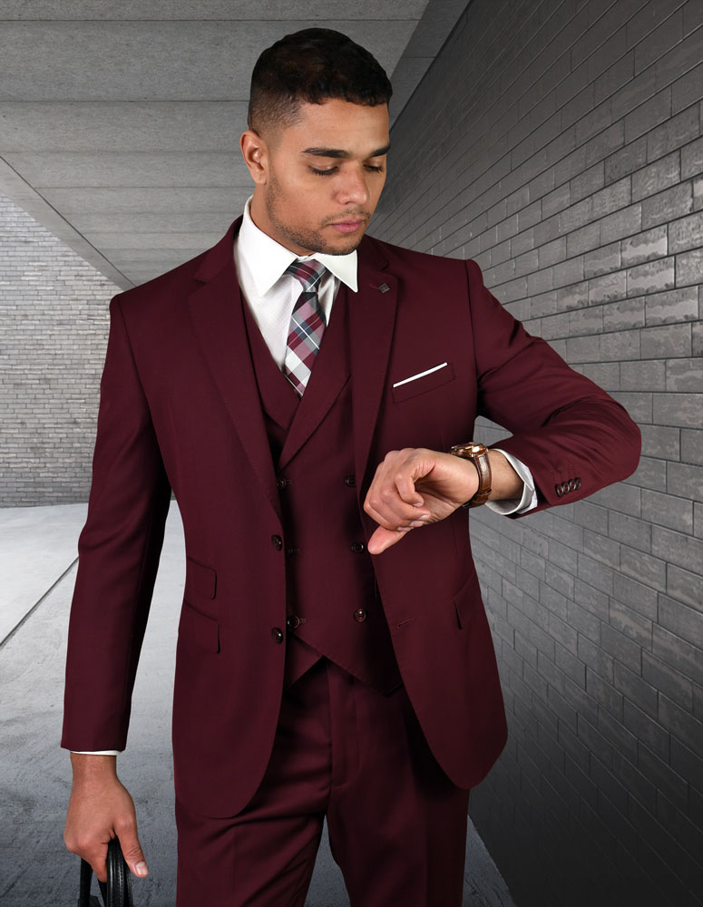 STATEMENT BURGUNDY 3PC 2 BUTTON SOLID COLOR MENS SUIT WITH DOUBLE BREASTED VEST SUPER 180'S EXTRA FINE ITALIAN WOOL 