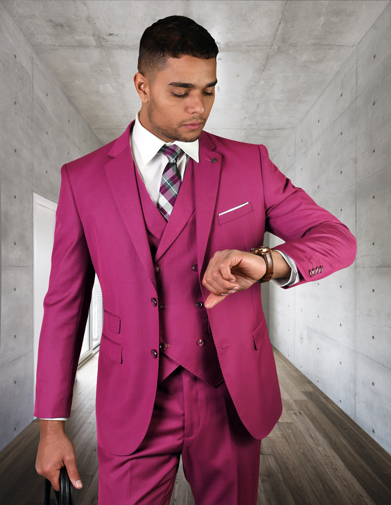STATEMENT FUCSHIA 3PC 2 BUTTON SOLID COLOR MENS SUIT WITH DOUBLE BREASTED VEST SUPER 180'S EXTRA FINE ITALIAN WOOL   