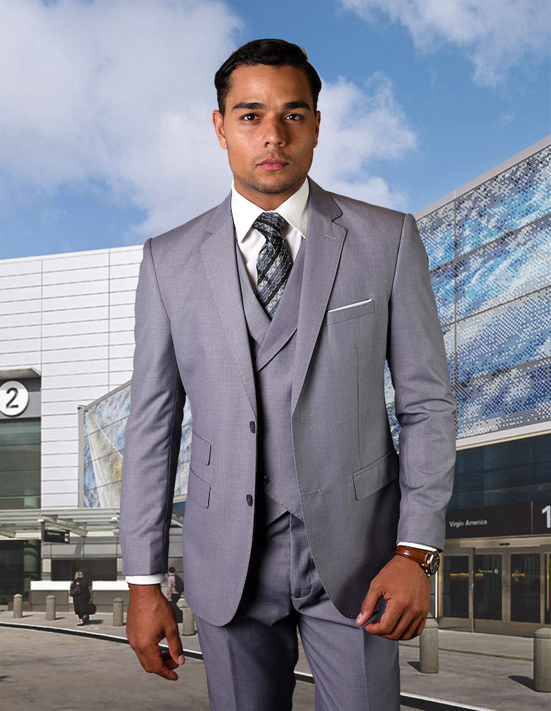 STATEMENT GREY 3PC 2 BUTTON SOLID COLOR MENS SUIT WITH DOUBLE BREASTED VEST SUPER 180'S EXTRA FINE ITALIAN WOOL 