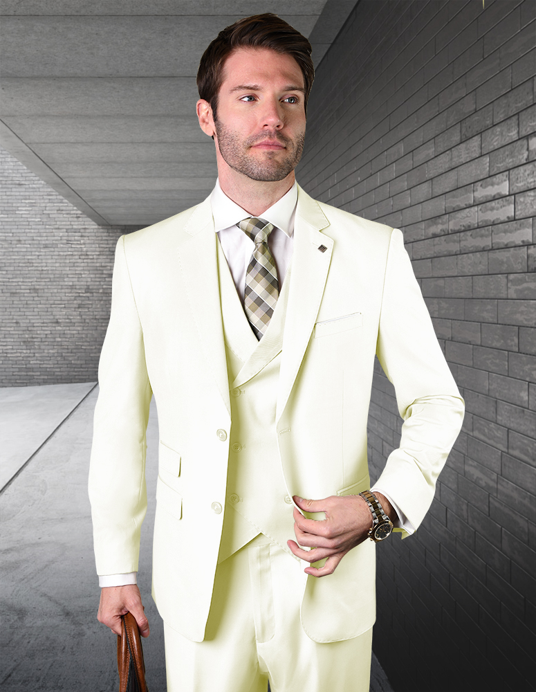STATEMENT OFFWHITE 3PC 2 BUTTON SOLID COLOR MENS SUIT WITH DOUBLE BREASTED VEST SUPER 180'S EXTRA FINE ITALIAN WOOL   