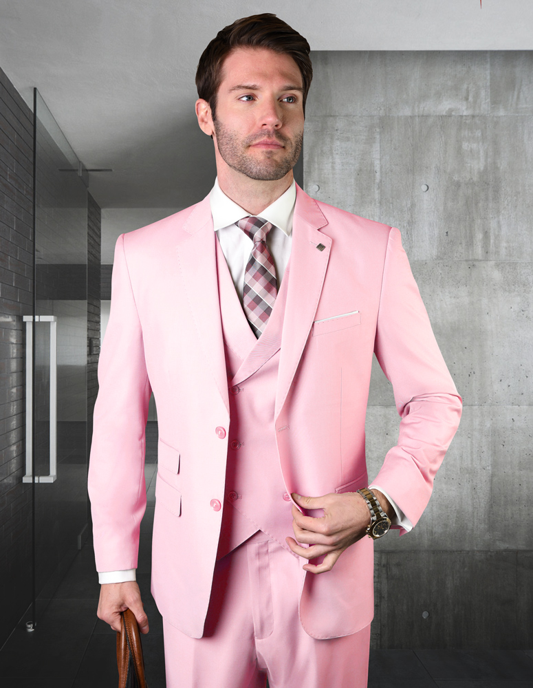 STATEMENT PINK 3PC 2 BUTTON SOLID COLOR MENS SUIT WITH DOUBLE BREASTED VEST SUPER 180'S EXTRA FINE ITALIAN WOOL   