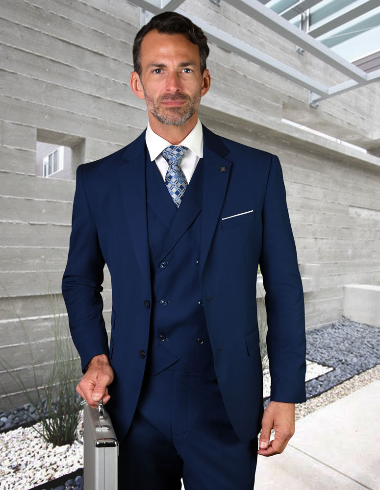 STATEMENT SAPPHIRE 3PC 2 BUTTON SOLID COLOR MENS SUIT WITH DOUBLE BREASTED VEST SUPER 180'S EXTRA FINE ITALIAN WOOL 