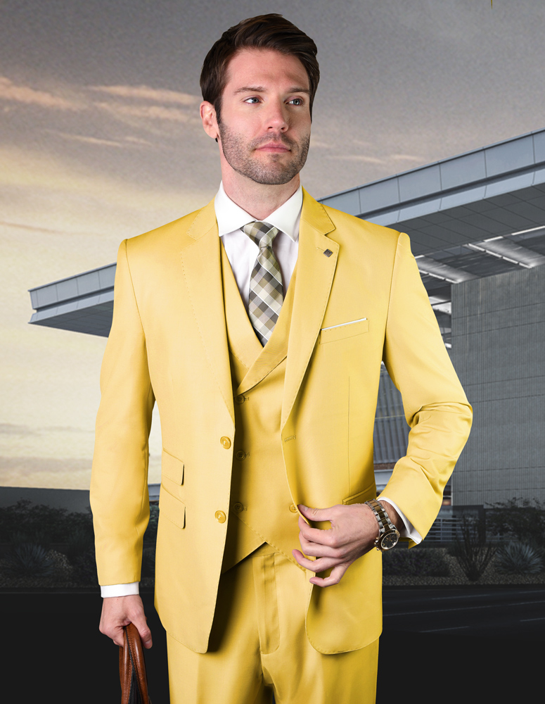 STATEMENT YELLOW 3PC 2 BUTTON SOLID COLOR MENS SUIT WITH DOUBLE BREASTED VEST SUPER 180'S EXTRA FINE ITALIAN WOOL  
