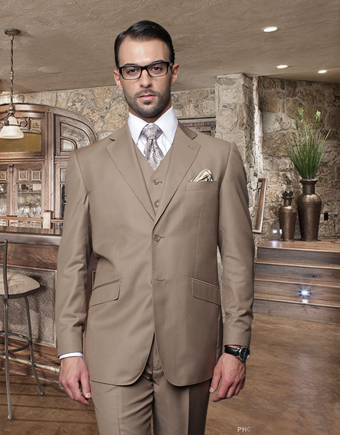 TZ-100 CLASSIC 3PC 2 BUTTON SOLID BRONZE MENS SUIT BY STATEMENT SUPER 150'S EXTRA FINE ITALIAN FABRIC 