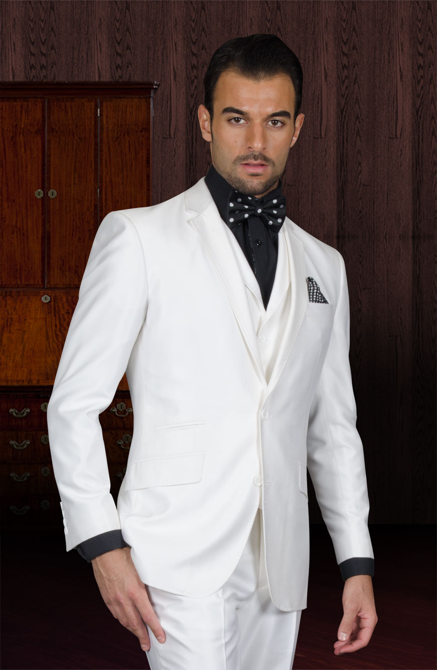 STATEMENT TZP-103 3PC 2 BUTTON SOLID COLOR WHITE MENS SUIT WITH A VEST SUPER 150'S EXTRA FINE ITALIAN WOOL    